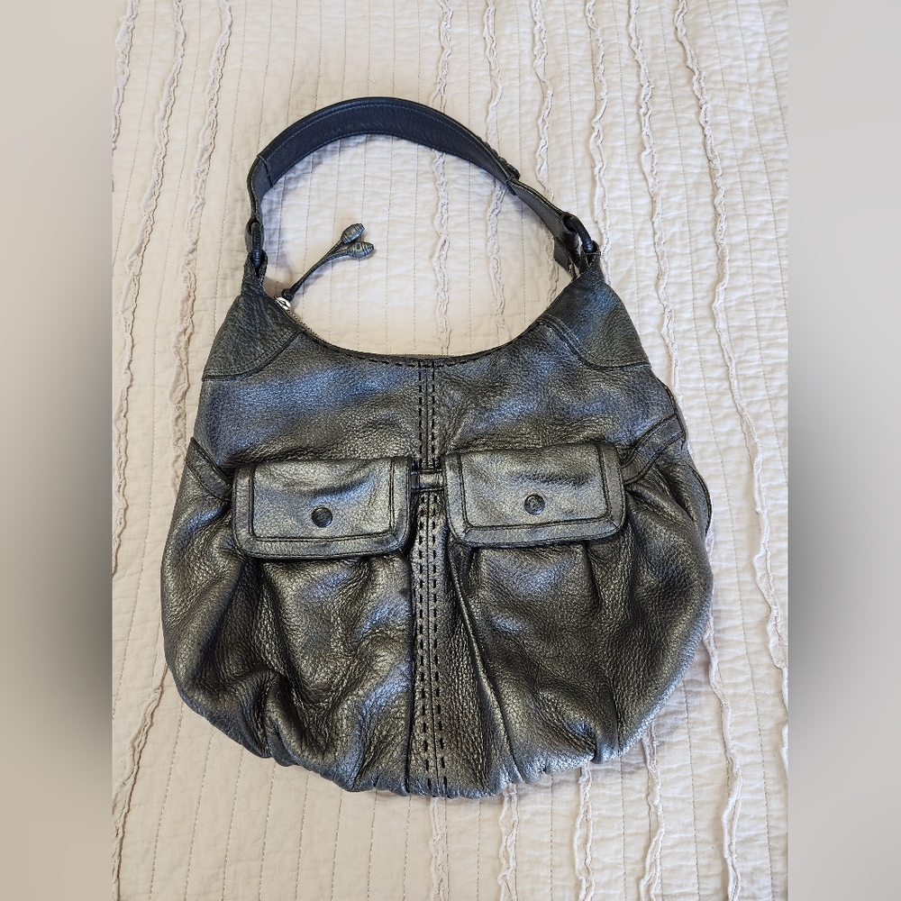 Cole Haan Women's Leather Hobo Shoulder Purse Bag, Metallic Charcoal Gray